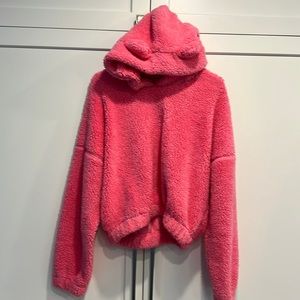 Pink Sherpa pullover with cute ears on hood. Size L